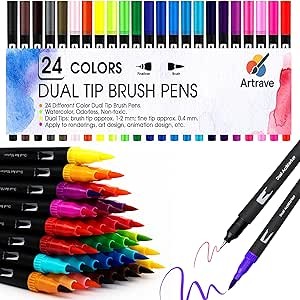 24 Colours Dual Tip Brush Pens Set – Fine & Brush Tip Markers